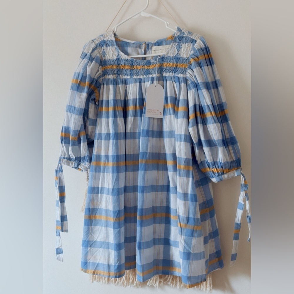 NWT Daughters of India Freya Blue Plaid Mini Dress Size XS Puff Tie Sleeve - Picture 3 of 6